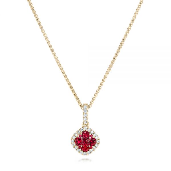 18k Yellow Gold 18k Yellow Gold Ruby Cluster And Diamond Halo Pendant - Three-Quarter View -  102619