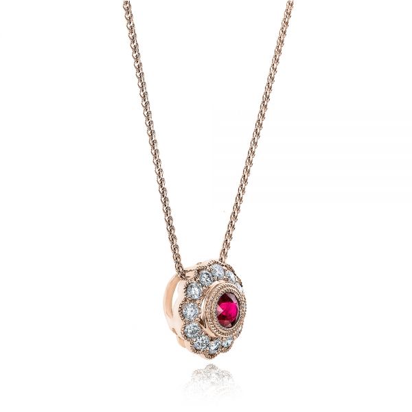 14k Rose Gold 14k Rose Gold Ruby And Diamond Halo Pendant - Flat View -  101011