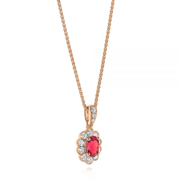 14k Rose Gold 14k Rose Gold Ruby And Diamond Halo Pendant - Flat View -  106442