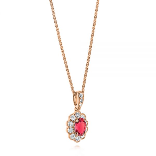 18k Rose Gold 18k Rose Gold Ruby And Diamond Halo Pendant - Flat View - 106442