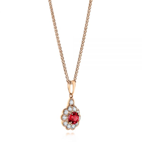 18k Rose Gold 18k Rose Gold Ruby And Diamond Halo Pendant - Flat View -  106456