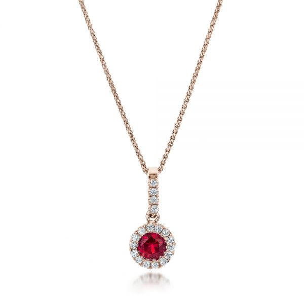 14k Rose Gold 14k Rose Gold Ruby And Diamond Halo Pendant - Three-Quarter View -  100970