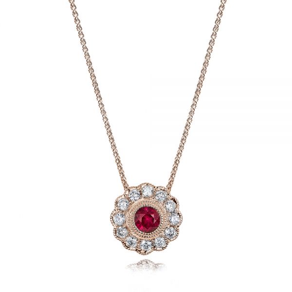 14k Rose Gold 14k Rose Gold Ruby And Diamond Halo Pendant - Three-Quarter View -  101011