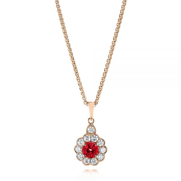 18k Rose Gold 18k Rose Gold Ruby And Diamond Halo Pendant - Three-Quarter View -  106456