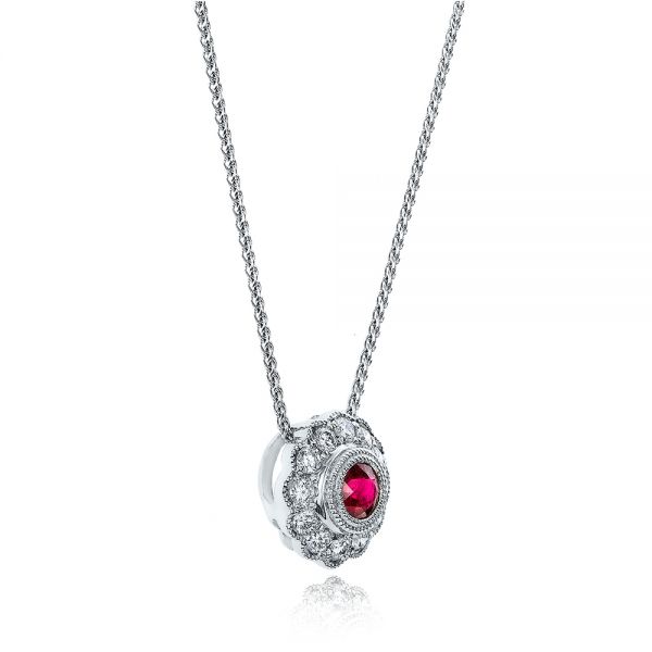 14k White Gold Ruby And Diamond Halo Pendant - Flat View - 101011