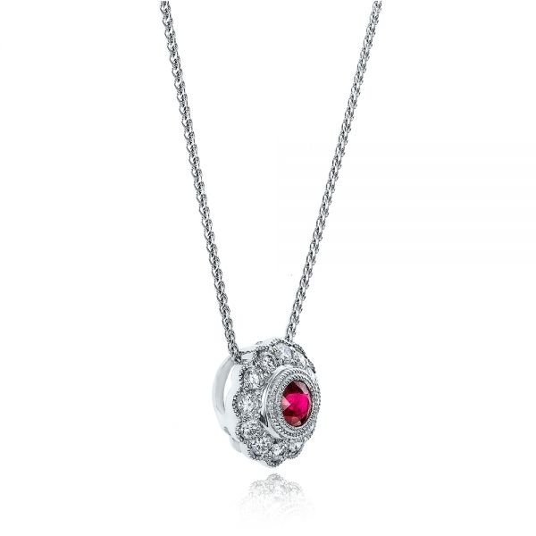 14k White Gold Ruby And Diamond Halo Pendant - Flat View -  101011