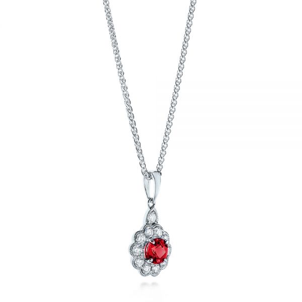 14k White Gold 14k White Gold Ruby And Diamond Halo Pendant - Flat View -  106456