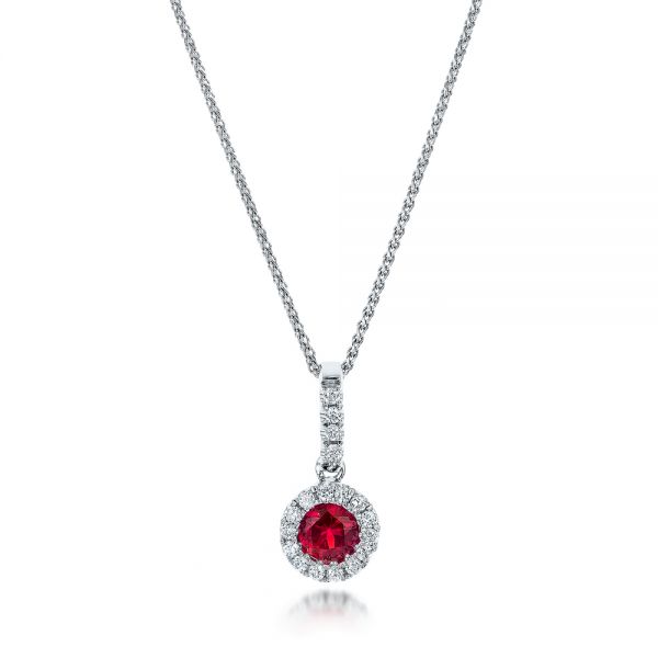 14k White Gold Ruby And Diamond Halo Pendant - Three-Quarter View -  100970