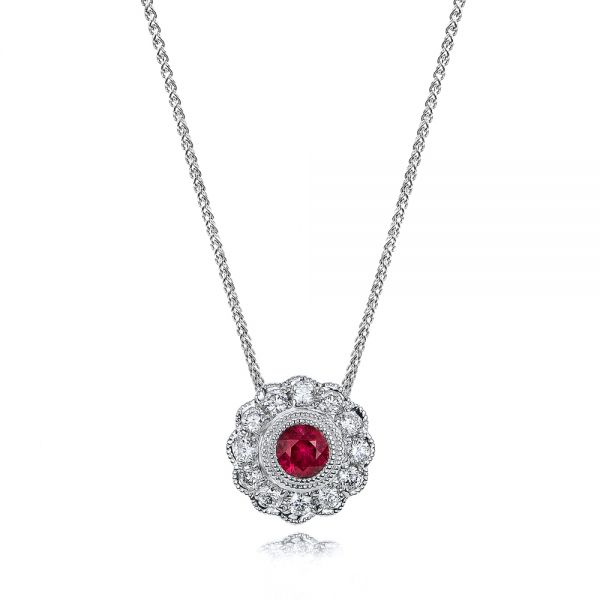 14k White Gold Ruby And Diamond Halo Pendant - Three-Quarter View - 101011
