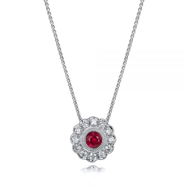  Platinum Platinum Ruby And Diamond Halo Pendant - Three-Quarter View -  101011