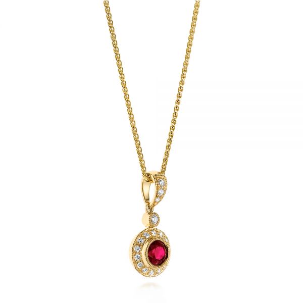  14K Gold Ruby And Diamond Halo Pendant - Front View -  103741