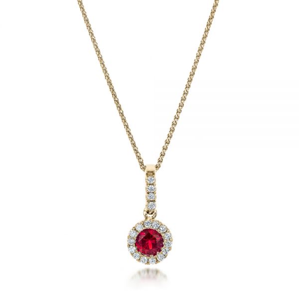 14k Yellow Gold 14k Yellow Gold Ruby And Diamond Halo Pendant - Three-Quarter View -  100970