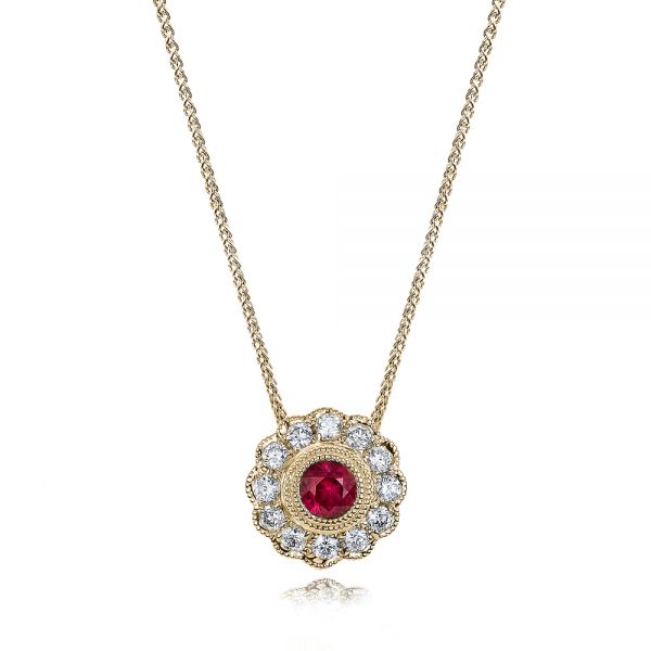 14k Yellow Gold 14k Yellow Gold Ruby And Diamond Halo Pendant - Three-Quarter View -  101011