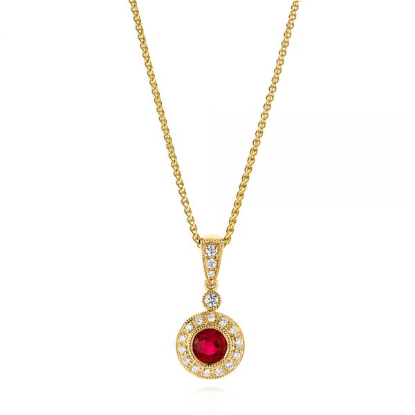 18k Yellow Gold 18k Yellow Gold Ruby And Diamond Halo Pendant - Three-Quarter View -  103741