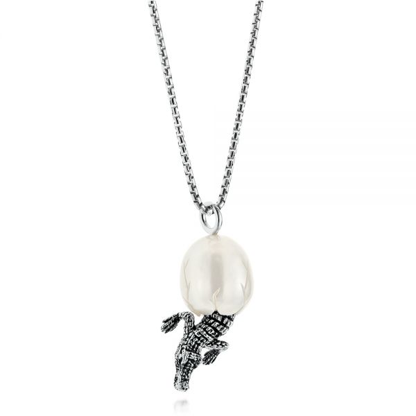 Silver Alligator Fresh Water Carved Pearl Necklace - Flat View -  103313