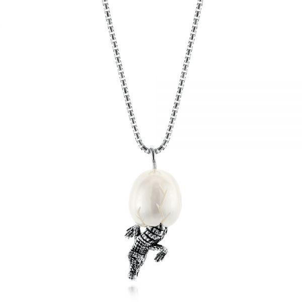 Silver Alligator Fresh Water Carved Pearl Necklace - Three-Quarter View -  103313