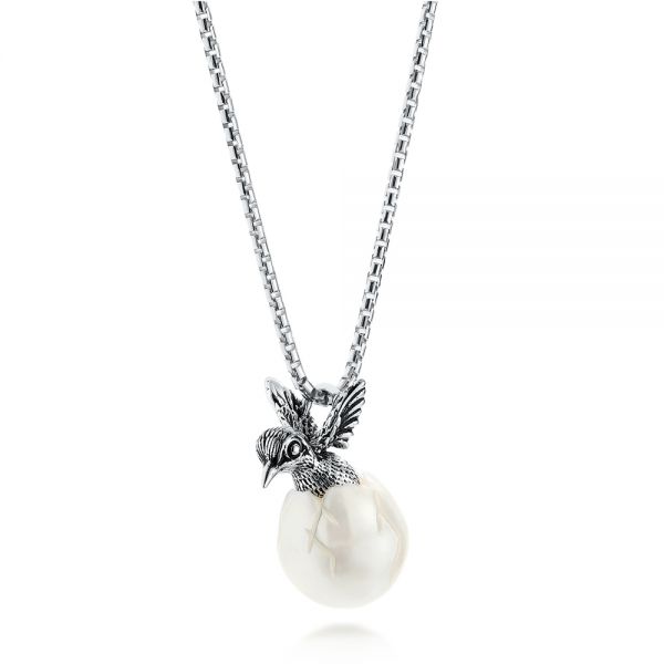 Silver Hummingbird Fresh Water Carved Pearl Necklace - Flat View -  103316