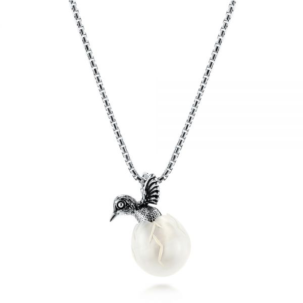 Silver Hummingbird Fresh Water Carved Pearl Necklace - Three-Quarter View -  103316