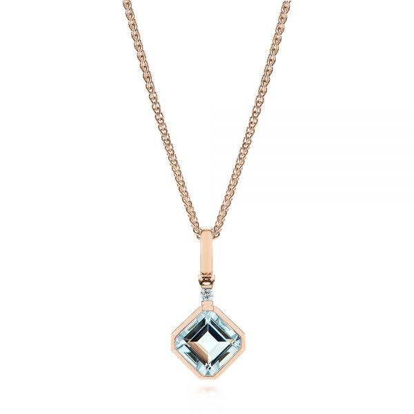 14k Rose Gold 14k Rose Gold Step Cut Aquamarine And Diamond Pendant - Three-Quarter View -  106038