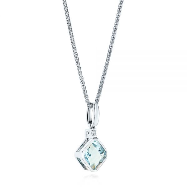  Platinum Platinum Step Cut Aquamarine And Diamond Pendant - Flat View -  106038