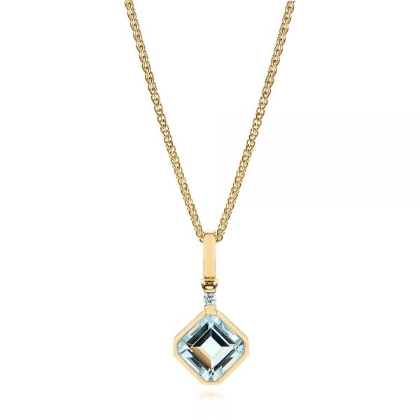 18k Yellow Gold 18k Yellow Gold Step Cut Aquamarine And Diamond Pendant - Three-Quarter View -  106038