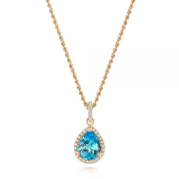 18k Rose Gold 18k Rose Gold Teardrop Blue Topaz And Diamond Halo Pendant - Three-Quarter View -  103773