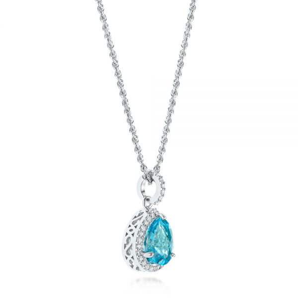 14k White Gold Teardrop Blue Topaz And Diamond Halo Pendant - Front View -  103773