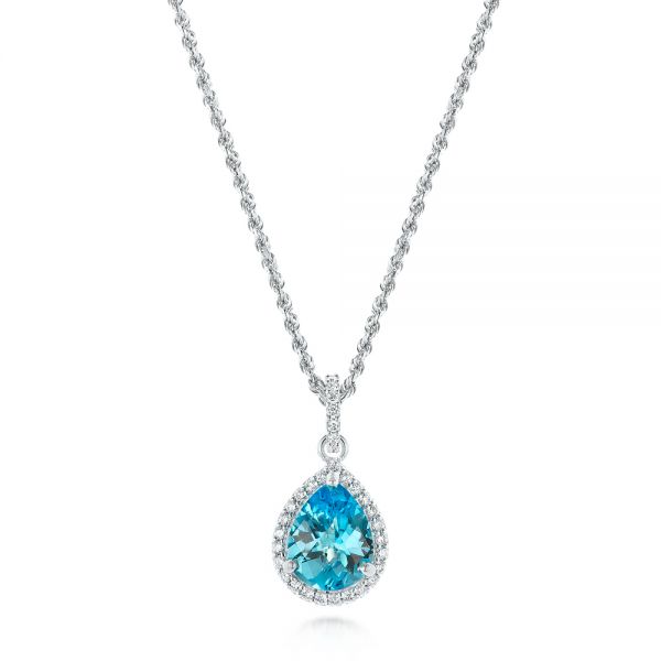 14k White Gold Teardrop Blue Topaz And Diamond Halo Pendant - Three-Quarter View -  103773