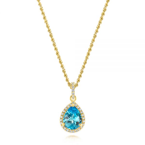 18k Yellow Gold 18k Yellow Gold Teardrop Blue Topaz And Diamond Halo Pendant - Three-Quarter View -  103773