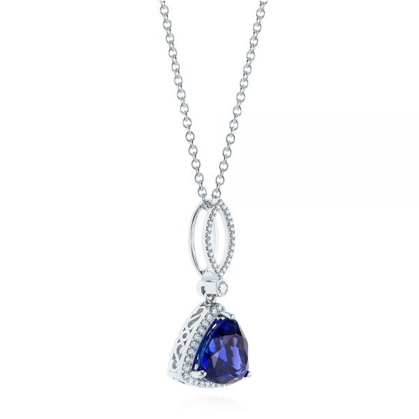 18k White Gold Trillion Tanzanite And Diamond Halo Pendant - Flat View - 105003