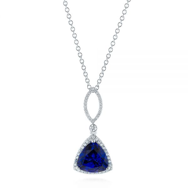 14k White Gold 14k White Gold Trillion Tanzanite And Diamond Halo Pendant - Three-Quarter View -  105003