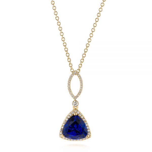 18k Yellow Gold 18k Yellow Gold Trillion Tanzanite And Diamond Halo Pendant - Three-Quarter View -  105003