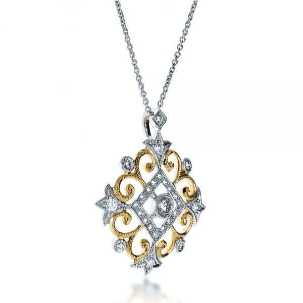  18K Gold Two-tone Diamond Filigree Pendant - Flat View -  1247