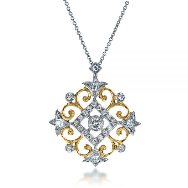  14K Gold 14K Gold Two-tone Diamond Filigree Pendant - Front View -  1247