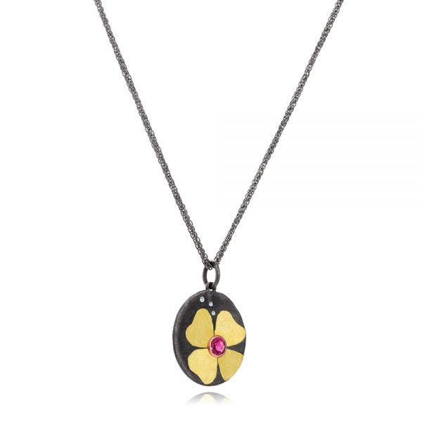Two-tone Ruby And Diamond Flower Pendant - Flat View - 107258