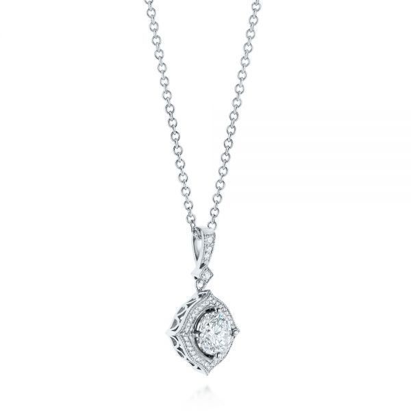 14k White Gold Vintage Diamond Halo Pendant - Flat View -  103989 - Thumbnail