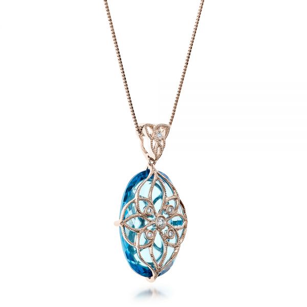 14k Rose Gold 14k Rose Gold Vintage Filigree Blue Topaz And Diamond Pendant - Vanna K - Flat View -  101859