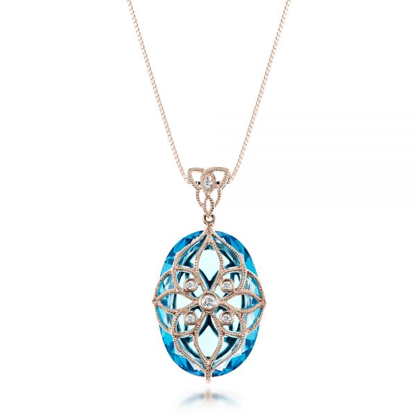 18k Rose Gold 18k Rose Gold Vintage Filigree Blue Topaz And Diamond Pendant - Vanna K - Three-Quarter View -  101859