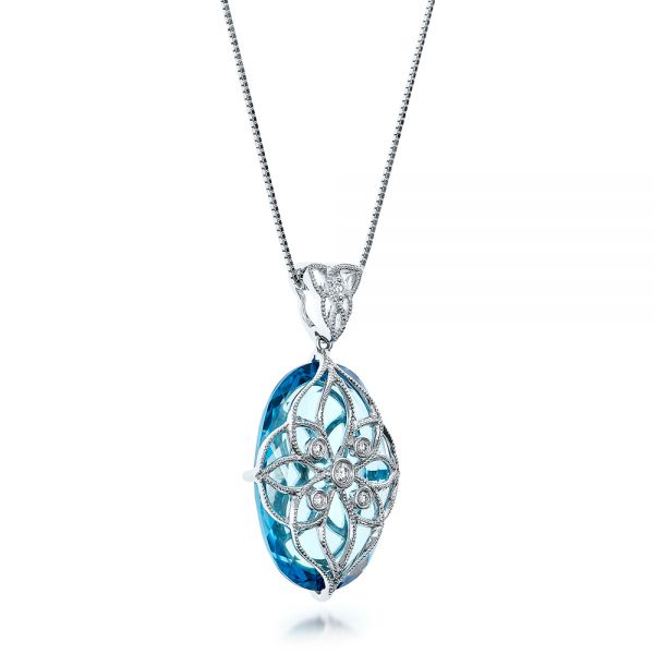 14k White Gold Vintage Filigree Blue Topaz And Diamond Pendant - Vanna K - Flat View - 101859