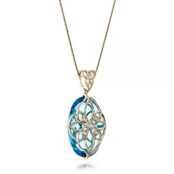 18k Yellow Gold 18k Yellow Gold Vintage Filigree Blue Topaz And Diamond Pendant - Vanna K - Flat View - 101859