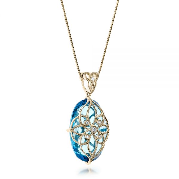 14k Yellow Gold 14k Yellow Gold Vintage Filigree Blue Topaz And Diamond Pendant - Vanna K - Flat View -  101859