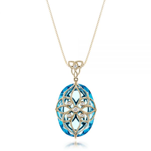 18k Yellow Gold 18k Yellow Gold Vintage Filigree Blue Topaz And Diamond Pendant - Vanna K - Three-Quarter View -  101859