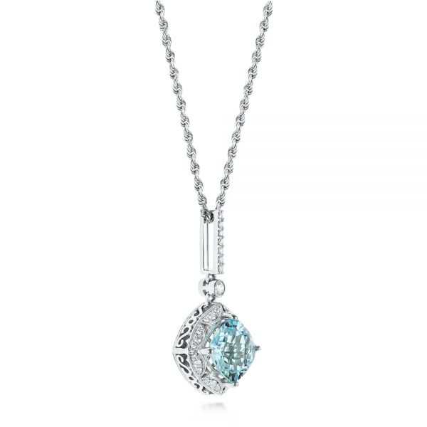 18k White Gold Vintage-inspired Aquamarine And Diamond Pendant - Front View - 103753