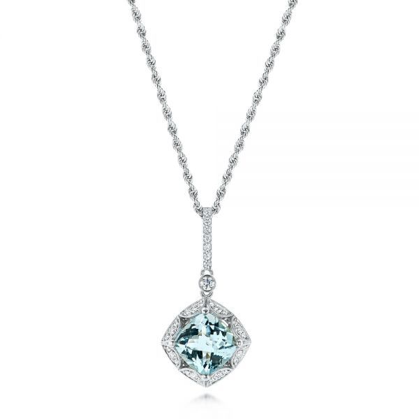 14k White Gold 14k White Gold Vintage-inspired Aquamarine And Diamond Pendant - Three-Quarter View -  103753