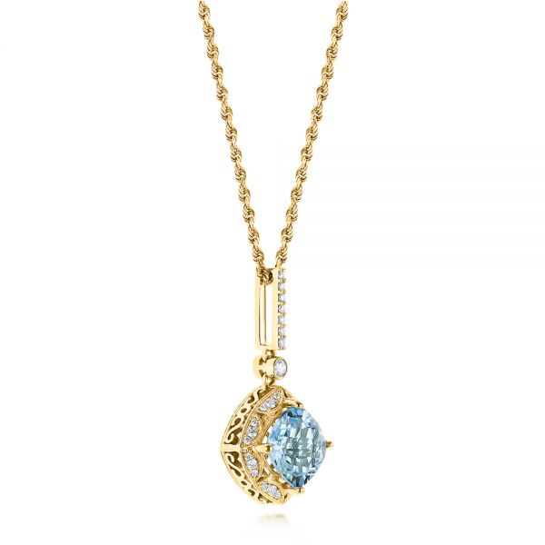14k Yellow Gold 14k Yellow Gold Vintage-inspired Aquamarine And Diamond Pendant - Front View -  103753