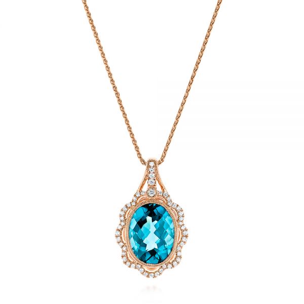 14k Rose Gold 14k Rose Gold Vintage-inspired Blue Topaz And Diamond Pendant - Three-Quarter View -  105427