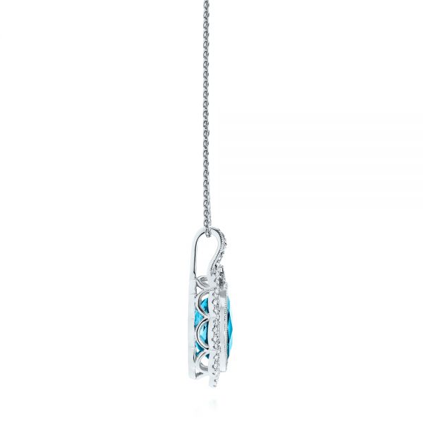 14k White Gold Vintage-inspired Blue Topaz And Diamond Pendant - Side View -  105427