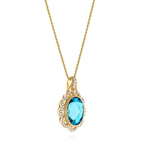18k Yellow Gold 18k Yellow Gold Vintage-inspired Blue Topaz And Diamond Pendant - Flat View -  105427