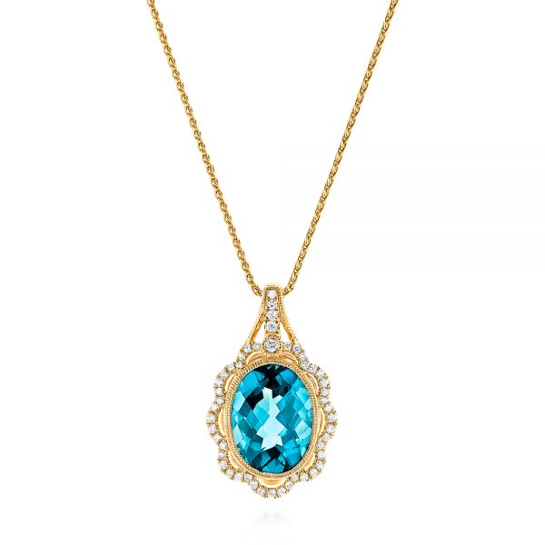 18k Yellow Gold 18k Yellow Gold Vintage-inspired Blue Topaz And Diamond Pendant - Three-Quarter View -  105427