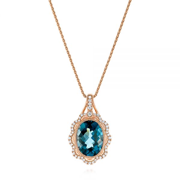 14k Rose Gold Vintage-inspired London Blue Topaz And Diamond Pendant - Three-Quarter View -  105428